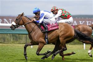 CHICHESTER, ENGLAND - JULY 27: Jim Crowley riding Lady Princess (blue/white) win The Qatar International Stakes during day two of the Qatar Goodwood Festival at Goodwood Racecourse on July 27, 2022 in Chichester, England. (Photo by Alan Crowhurst/Getty Images)