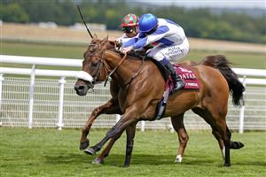 CHICHESTER, ENGLAND - JULY 27: Jim Crowley riding Lady Princess (blue/white) win The Qatar International Stakes during day two of the Qatar Goodwood Festival at Goodwood Racecourse on July 27, 2022 in Chichester, England. (Photo by Alan Crowhurst/Getty Images)