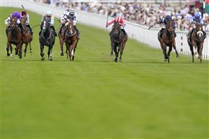 CHICHESTER, ENGLAND - JULY 27: Pat Dobbs riding Trillium (2R) win The Markel Molecomb Stakes during day two of the Qatar Goodwood Festival at Goodwood Racecourse on July 27, 2022 in Chichester, England. (Photo by Alan Crowhurst/Getty Images)