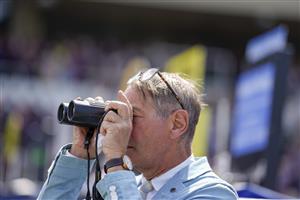 CHICHESTER, ENGLAND - JULY 28: Keeping an eye on the action during day three of the Qatar Goodwood Festival at Goodwood Racecourse on July 28, 2022 in Chichester, England. (Photo by Alan Crowhurst/Getty Images)