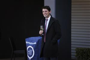 SYDNEY, AUSTRALIA - JULY 30: James Cummings has a drink after winning race 2 with Troach during Sydney Racing at Rosehill Gardens on July 30, 2022 in Sydney, Australia. (Photo by Mark Evans/Getty Images)