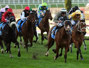 MELBOURNE, AUSTRALIA - JULY 30: Billy Egan riding Spanish Tides defeats Beau Mertens riding Thalassophile in Race 6, the Mia Kleer Hand Sanitiser Handicap, during Melbourne Racing at Moonee Valley Racecourse on July 30, 2022 in Melbourne, Australia. (Photo by Vince Caligiuri/Getty Images)