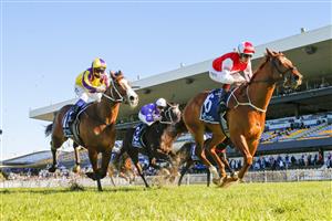 SYDNEY, AUSTRALIA - JULY 30: Hugh Bowman (red and white) on Pizarro wins race 6 the Atc Thank You Stable Staff Handicap during Sydney Racing at Rosehill Gardens on July 30, 2022 in Sydney, Australia. (Photo by Mark Evans/Getty Images)