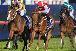 SYDNEY, AUSTRALIA - JULY 30: Hugh Bowman (red and white) on Pizarro wins race 6 the Atc Thank You Stable Staff Handicap during Sydney Racing at Rosehill Gardens on July 30, 2022 in Sydney, Australia. (Photo by Mark Evans/Getty Images)