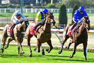 MELBOURNE, AUSTRALIA - JULY 30: Michael Dee riding Winnertakesitall defeats Jamie Kah riding Bistro in Race 3, the Ladbrokes Mates Mode Handicap, during Melbourne Racing at Moonee Valley Racecourse on July 30, 2022 in Melbourne, Australia. (Photo by Vince Caligiuri/Getty Images)