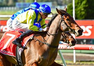 MELBOURNE, AUSTRALIA - JULY 30: Michael Dee riding Winnertakesitall winning Race 3, the Ladbrokes Mates Mode Handicap, during Melbourne Racing at Moonee Valley Racecourse on July 30, 2022 in Melbourne, Australia. (Photo by Vince Caligiuri/Getty Images)