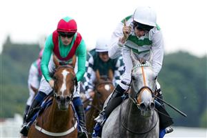 YORK, ENGLAND - AUGUST 18: Luke Morris celebrates after riding Alpinista to win The Darley Yorkshire Oaks at York Racecourse on August 18, 2022 in York, England. (Photo by Alan Crowhurst/Getty Images)