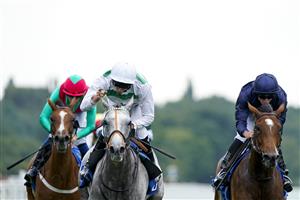 YORK, ENGLAND - AUGUST 18: Luke Morris celebrates after riding Alpinista to win The Darley Yorkshire Oaks at York Racecourse on August 18, 2022 in York, England. (Photo by Alan Crowhurst/Getty Images)