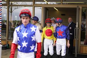 YORK, ENGLAND - AUGUST 18: Jockeys leave the weighing room at York Racecourse on August 18, 2022 in York, England. (Photo by Alan Crowhurst/Getty Images)