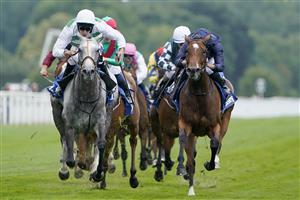 YORK, ENGLAND - AUGUST 18: Luke Morris riding Alpinista (L, white/green) win The Darley Yorkshire Oaks at York Racecourse on August 18, 2022 in York, England. (Photo by Alan Crowhurst/Getty Images)