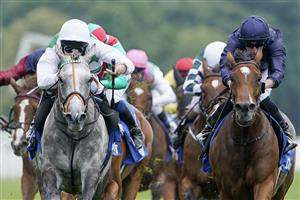 YORK, ENGLAND - AUGUST 18: Luke Morris riding Alpinista (L, white/green) win The Darley Yorkshire Oaks at York Racecourse on August 18, 2022 in York, England. (Photo by Alan Crowhurst/Getty Images)