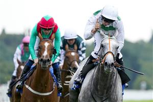 YORK, ENGLAND - AUGUST 18: Luke Morris celebrates after riding Alpinista to win The Darley Yorkshire Oaks at York Racecourse on August 18, 2022 in York, England. (Photo by Alan Crowhurst/Getty Images)