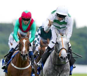 YORK, ENGLAND - AUGUST 18: Luke Morris celebrates after riding Alpinista to win The Darley Yorkshire Oaks at York Racecourse on August 18, 2022 in York, England. (Photo by Alan Crowhurst/Getty Images)