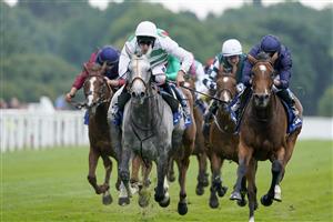 YORK, ENGLAND - AUGUST 18: Luke Morris riding Alpinista (L, white/green) win The Darley Yorkshire Oaks at York Racecourse on August 18, 2022 in York, England. (Photo by Alan Crowhurst/Getty Images)