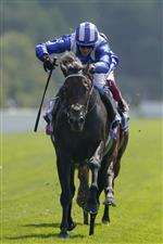 YORK, ENGLAND - AUGUST 20: Jim Crowley riding Alflaila (blue) win The Sky Bet And Symphony Group Strensall Stakes at York Racecourse on August 20, 2022 in York, England. (Photo by Alan Crowhurst/Getty Images)