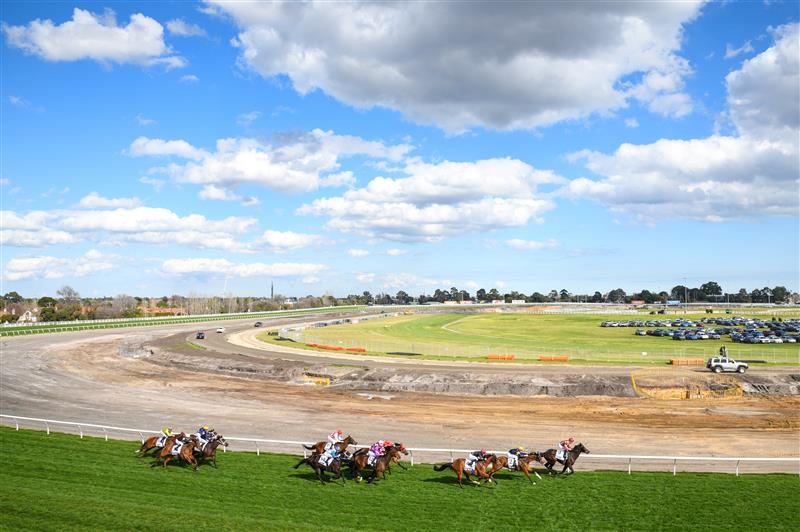 MELBOURNE, AUSTRALIA - AUGUST 27: Jamie Kah riding I Wish I Win (#14) midfield turning for home before winning Race 4, the Ive Handicap,  during Melbourne Racing at Caulfield Racecourse on August 27, 2022 in Melbourne, Australia. (Photo by Vince Caligiuri/Getty Images)