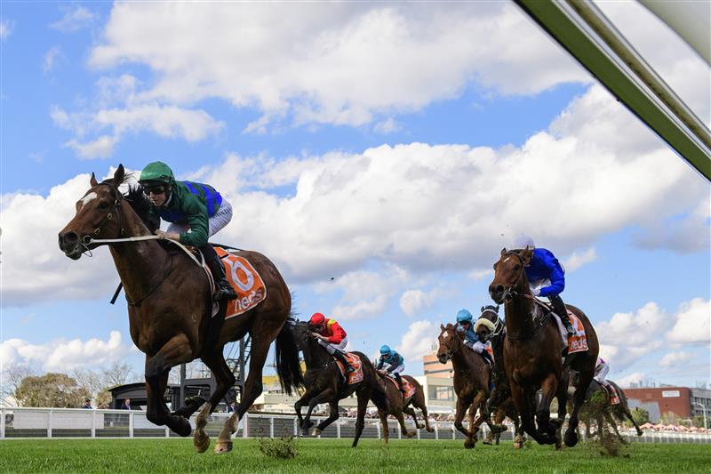 MELBOURNE, AUSTRALIA - AUGUST 27: Damian Lane riding Jacquinot defeating Jamie Kah riding Aft Cabin in Race 5, the H.d.f. Mcneil Stakes, during Melbourne Racing at Caulfield Racecourse on August 27, 2022 in Melbourne, Australia. (Photo by Vince Caligiuri/Getty Images)