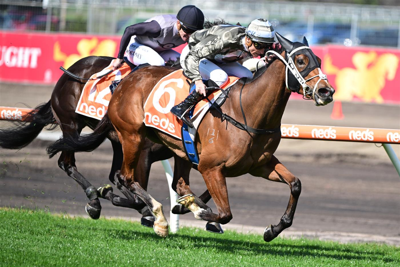 MELBOURNE, AUSTRALIA - AUGUST 27: Blake Shinn riding Spanish Tides winning Race 1, the Neds Punters Toolbox Handicap, during Melbourne Racing at Caulfield Racecourse on August 27, 2022 in Melbourne, Australia. (Photo by Vince Caligiuri/Getty Images)