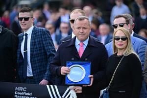 MELBOURNE, AUSTRALIA - AUGUST 27: Craig Hutchison is seen after Munhamek won Race 3, the Evergreen Turf Handicap, during Melbourne Racing at Caulfield Racecourse on August 27, 2022 in Melbourne, Australia. (Photo by Vince Caligiuri/Getty Images)