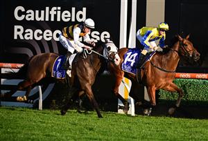 MELBOURNE, AUSTRALIA - AUGUST 27: Ethan Brown riding Snapdancer defeats Mark Zahra riding I'm Thunderstruck in Race 8, the Magic Millions Memsie Stakes, during Melbourne Racing at Caulfield Racecourse on August 27, 2022 in Melbourne, Australia. (Photo by Vince Caligiuri/Getty Images)