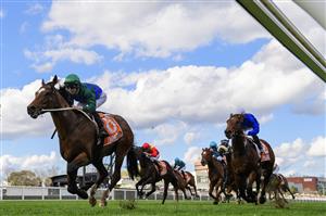 MELBOURNE, AUSTRALIA - AUGUST 27: Damian Lane riding Jacquinot defeating Jamie Kah riding Aft Cabin in Race 5, the H.d.f. Mcneil Stakes, during Melbourne Racing at Caulfield Racecourse on August 27, 2022 in Melbourne, Australia. (Photo by Vince Caligiuri/Getty Images)