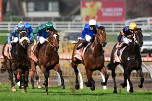 MELBOURNE, AUSTRALIA - AUGUST 27: Damian Lane riding Jacquinot (L) defeating Jamie Kah riding Aft Cabin in Race 5, the H.d.f. Mcneil Stakes, during Melbourne Racing at Caulfield Racecourse on August 27, 2022 in Melbourne, Australia. (Photo by Vince Caligiuri/Getty Images)
