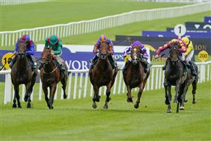 KILDARE, IRELAND - SEPTEMBER 11: Dylan Browne McMonagle riding Al Riffa (marron/yellow) win The Goffs Vincent O'Brien National Stakes at Curragh Racecourse on September 11, 2022 in Kildare, Ireland. (Photo by Alan Crowhurst/Getty Images)
