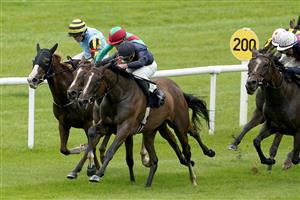 KILDARE, IRELAND - SEPTEMBER 11: Ryan Moore riding Above The Curve (dark blue) win The Moyglare 'Jewels' Blandford Stakes at Curragh Racecourse on September 11, 2022 in Kildare, Ireland. (Photo by Alan Crowhurst/Getty Images)