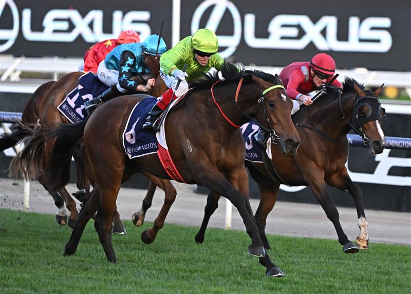 MELBOURNE, AUSTRALIA - SEPTEMBER 10: Craig Williams riding Berkeley Square winning Race 9, the Exford Plate, during Melbourne Racing at Flemington Racecourse on September 10, 2022 in Melbourne, Australia. (Photo by Vince Caligiuri/Getty Images)