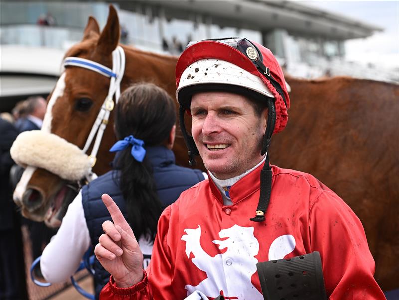 MELBOURNE, AUSTRALIA - SEPTEMBER 10: Luke Nolen riding Nanagui after winning Race 3, the Cap D