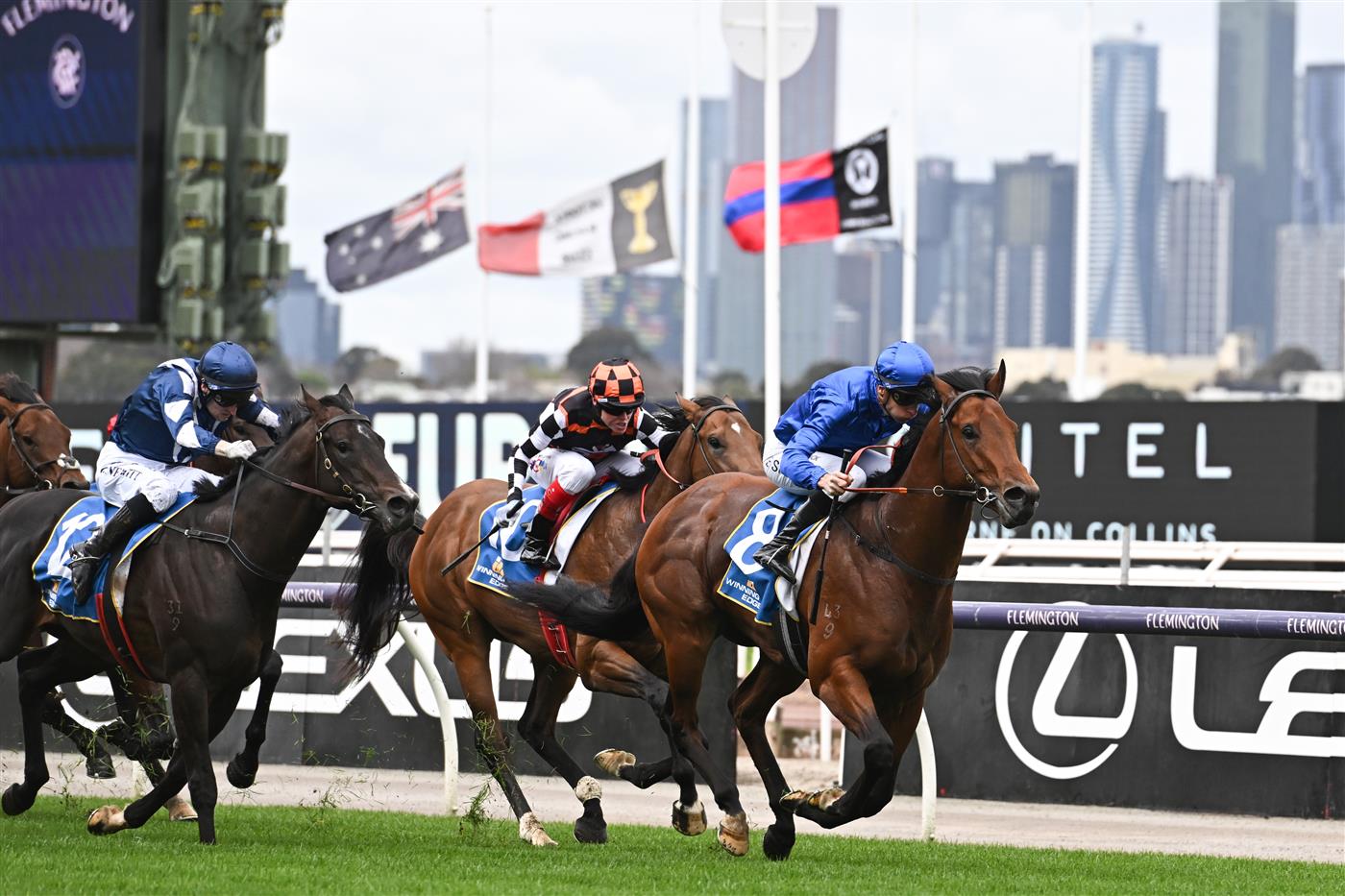 MELBOURNE, AUSTRALIA - SEPTEMBER 10: Blake Shinn riding Spacewalk winning Race 1, the Winning Edge Poseidon Stakes, during Melbourne Racing at Flemington Racecourse on September 10, 2022 in Melbourne, Australia. (Photo by Vince Caligiuri/Getty Images)