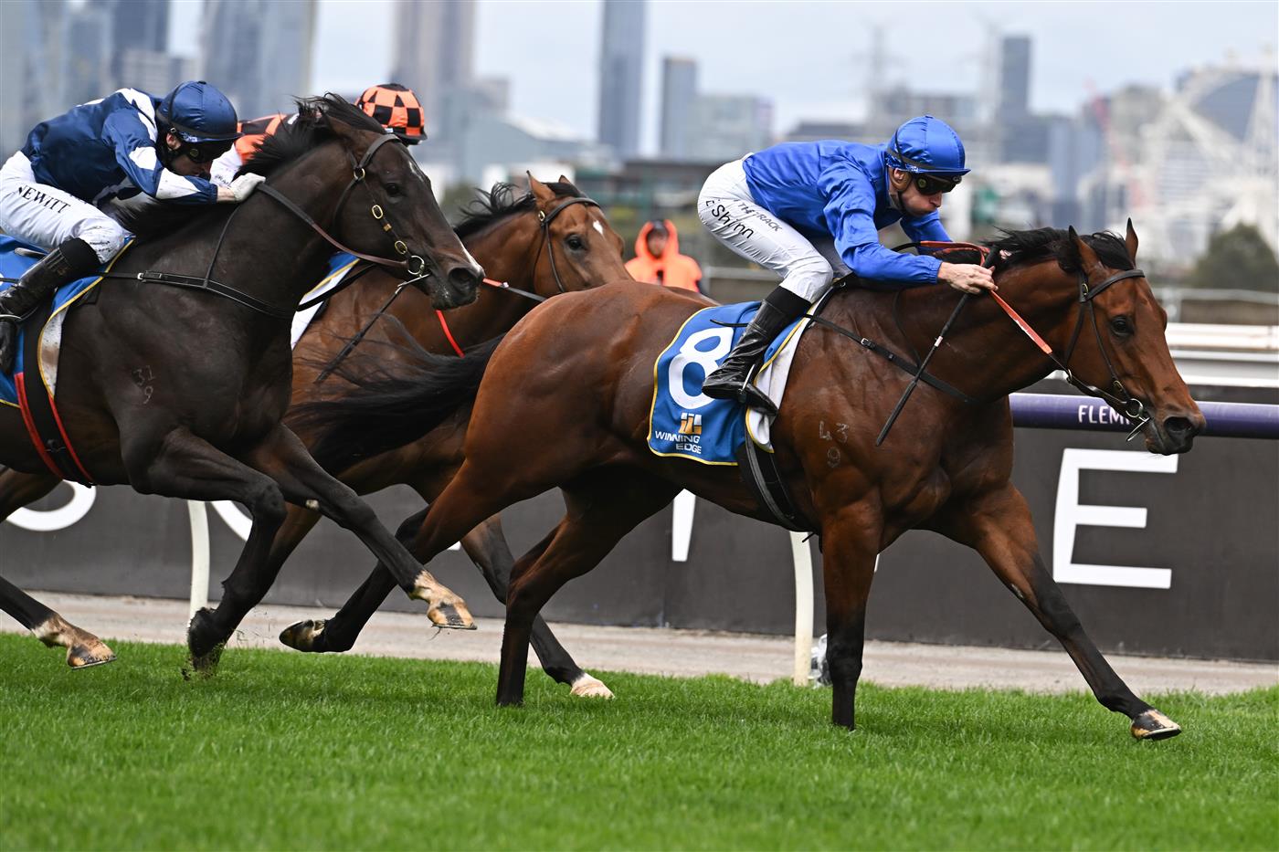 MELBOURNE, AUSTRALIA - SEPTEMBER 10: Blake Shinn riding Spacewalk winning Race 1, the Winning Edge Poseidon Stakes, during Melbourne Racing at Flemington Racecourse on September 10, 2022 in Melbourne, Australia. (Photo by Vince Caligiuri/Getty Images)