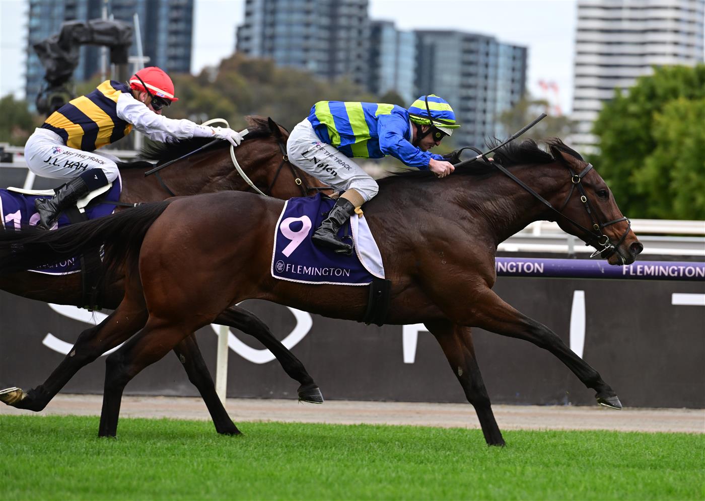 MELBOURNE, AUSTRALIA - SEPTEMBER 10: Luke Nolen riding Makram winning Race 2, the Australian Childhood Foundation Plate, during Melbourne Racing at Flemington Racecourse on September 10, 2022 in Melbourne, Australia. (Photo by Vince Caligiuri/Getty Images)