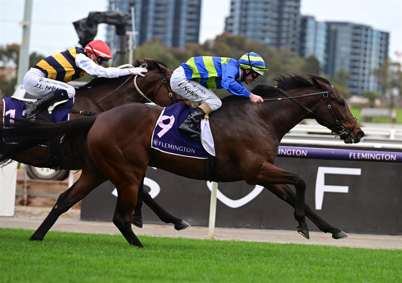 MELBOURNE, AUSTRALIA - SEPTEMBER 10: Luke Nolen riding Makram winning Race 2, the Australian Childhood Foundation Plate, during Melbourne Racing at Flemington Racecourse on September 10, 2022 in Melbourne, Australia. (Photo by Vince Caligiuri/Getty Images)