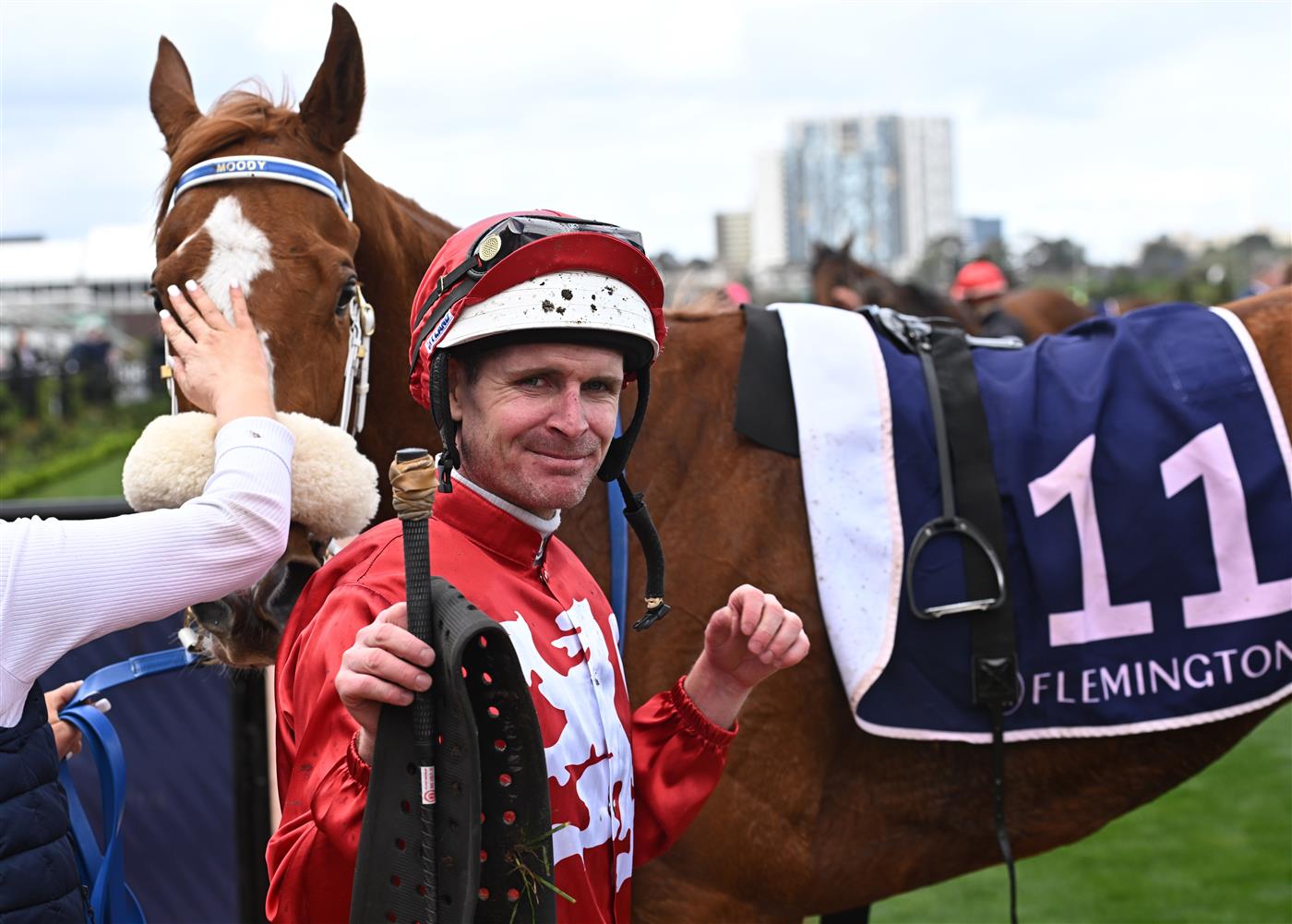 MELBOURNE, AUSTRALIA - SEPTEMBER 10: Luke Nolen riding Nanagui after winning Race 3, the Cap D