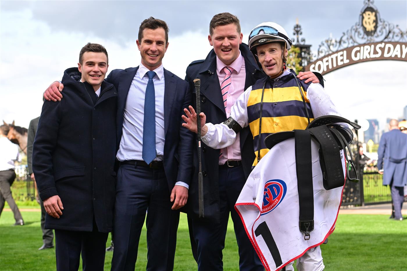 MELBOURNE, AUSTRALIA - SEPTEMBER 10: Trainer Michael Kent Jnr poses with Matthew Chadwick (L), Ben Elam and Mark Zahra after I
