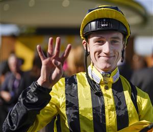 NEWBURY, ENGLAND - SEPTEMBER 17: David Egan celebrates riding the first four winners of the meeting at Newbury Racecourse on September 17, 2022 in Newbury, England. (Photo by Alan Crowhurst/Getty Images)