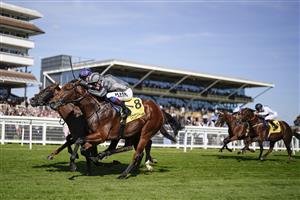 NEWBURY, ENGLAND - SEPTEMBER 17: David Egan riding Mitbaahy (grey) win The Dubai International Airport World Trophy Stakes at Newbury Racecourse on September 17, 2022 in Newbury, England. (Photo by Alan Crowhurst/Getty Images)