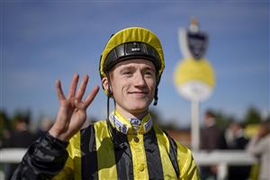 NEWBURY, ENGLAND - SEPTEMBER 17: David Egan celebrates riding the first four winners of the meeting at Newbury Racecourse on September 17, 2022 in Newbury, England. (Photo by Alan Crowhurst/Getty Images)