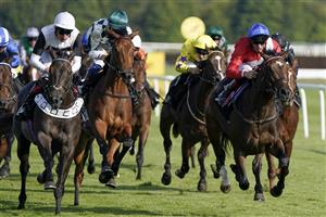 NEWBURY, ENGLAND - SEPTEMBER 17: Martin Harley riding Afterlife (red) win The RacingTV EBF Novice Stakes (GBB Race) (Div 2) at Newbury Racecourse on September 17, 2022 in Newbury, England. (Photo by Alan Crowhurst/Getty Images)