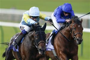 NEWMARKET, ENGLAND - SEPTEMBER 23: David Egan riding Kolsai (light blue/yellow) win The Al Basti Equiworld, Dubai British EBF 'Confined' Maiden Stakes at Newmarket Racecourse on September 23, 2022 in Newmarket, England. (Photo by Alan Crowhurst/Getty Images)