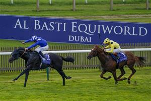 NEWMARKET, ENGLAND - SEPTEMBER 23: Jim Crowley riding Mutasaabeq win The Al Basti Equiworld, Dubai Joel Stakes at Newmarket Racecourse on September 23, 2022 in Newmarket, England. (Photo by Alan Crowhurst/Getty Images)