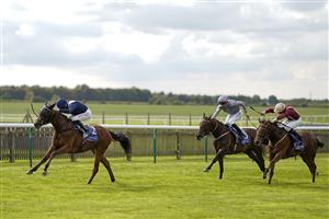NEWMARKET, ENGLAND - SEPTEMBER 23: Robert Havlin riding Commissioning win The Al Basti Equiworld, Dubai Rockfel Stakes at Newmarket Racecourse on September 23, 2022 in Newmarket, England. (Photo by Alan Crowhurst/Getty Images)