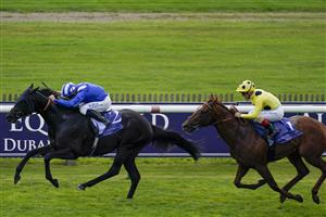 NEWMARKET, ENGLAND - SEPTEMBER 23: Jim Crowley riding Mutasaabeq win The Al Basti Equiworld, Dubai Joel Stakes at Newmarket Racecourse on September 23, 2022 in Newmarket, England. (Photo by Alan Crowhurst/Getty Images)
