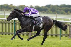 NEWMARKET, ENGLAND - SEPTEMBER 24: Ryan Moore riding Blackbeard win The Juddmonte Middle Park Stakes at Newmarket Racecourse on September 24, 2022 in Newmarket, England. (Photo by Alan Crowhurst/Getty Images)