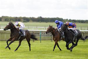 NEWMARKET, ENGLAND - SEPTEMBER 24: William Buick riding Lezoo win The Juddmonte Cheveley Park Stakes at Newmarket Racecourse on September 24, 2022 in Newmarket, England. (Photo by Alan Crowhurst/Getty Images)