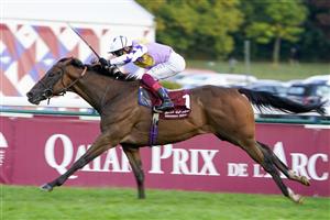 PARIS, FRANCE - OCTOBER 02: Frankie Dettori riding Kinross win The Qatar Prix de la Foret Presente par Education Above All at Hippodrome de ParisLongchamp on October 02, 2022 in Paris, France. (Photo by Alan Crowhurst/Getty Images)