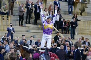 PARIS, FRANCE - OCTOBER 02: Frankie Dettori after riding Kinross to win The Qatar Prix de la Foret Presente par Education Above All at Hippodrome de ParisLongchamp on October 02, 2022 in Paris, France. (Photo by Alan Crowhurst/Getty Images)