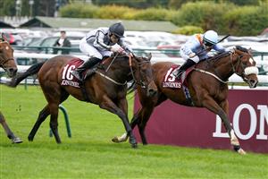 PARIS, FRANCE - OCTOBER 02: Hollie Doyle riding The Platinum Queen (R) win The Prix de l