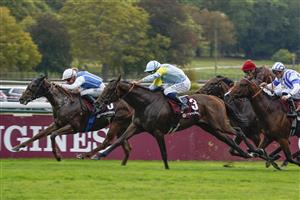 PARIS, FRANCE - OCTOBER 02: Mickael Barzalona riding Belbek (2L, light blue/yellow) win The Qatar Prix Jean-Luc Lagardere at Hippodrome de ParisLongchamp on October 02, 2022 in Paris, France. (Photo by Alan Crowhurst/Getty Images)